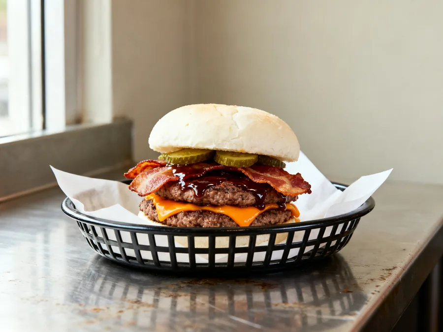 507 Smash burger with local cheddar, bacon and BBQ sauce