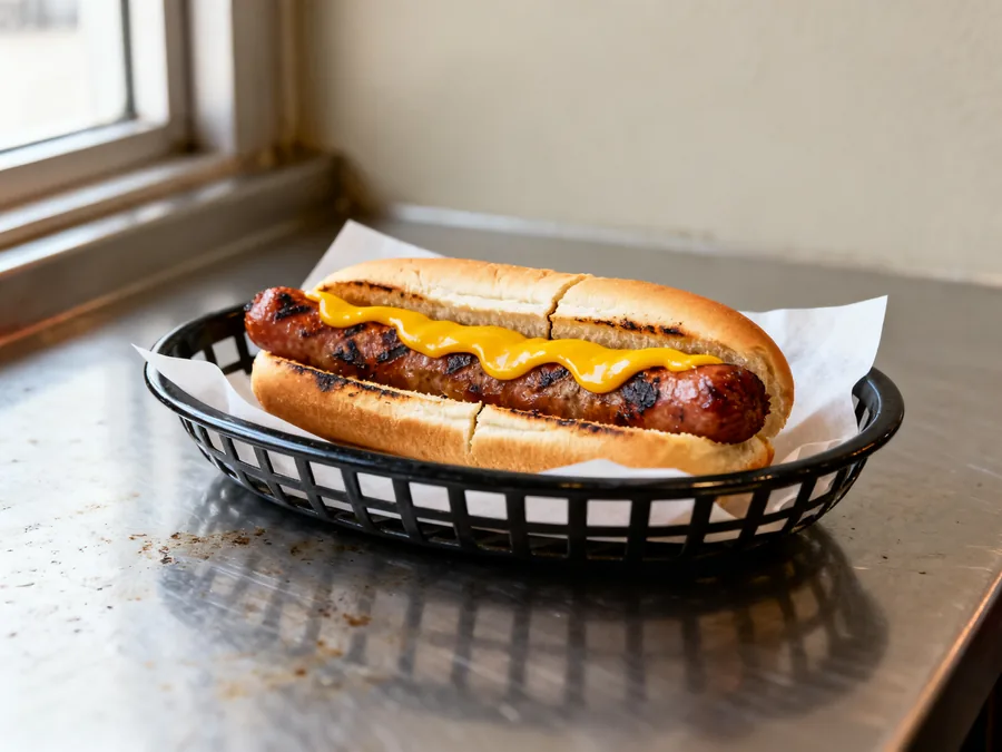 Plain Dawg cheese dog on a soft bun