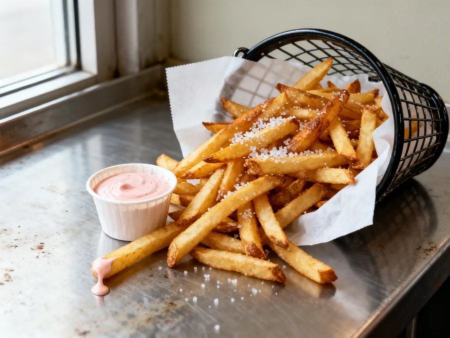 Basket of salted fries with fry sauce