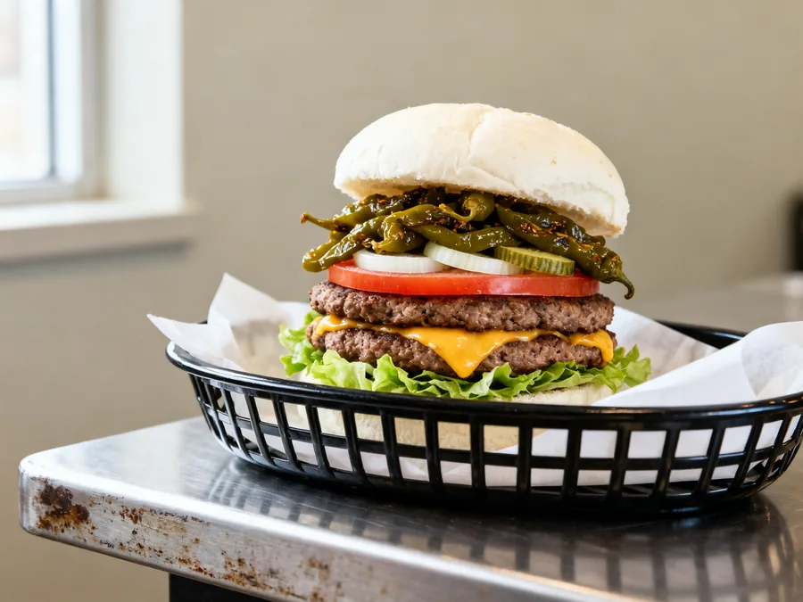 New Mexico Green Chili Smash burger with roasted Hatch green chilis